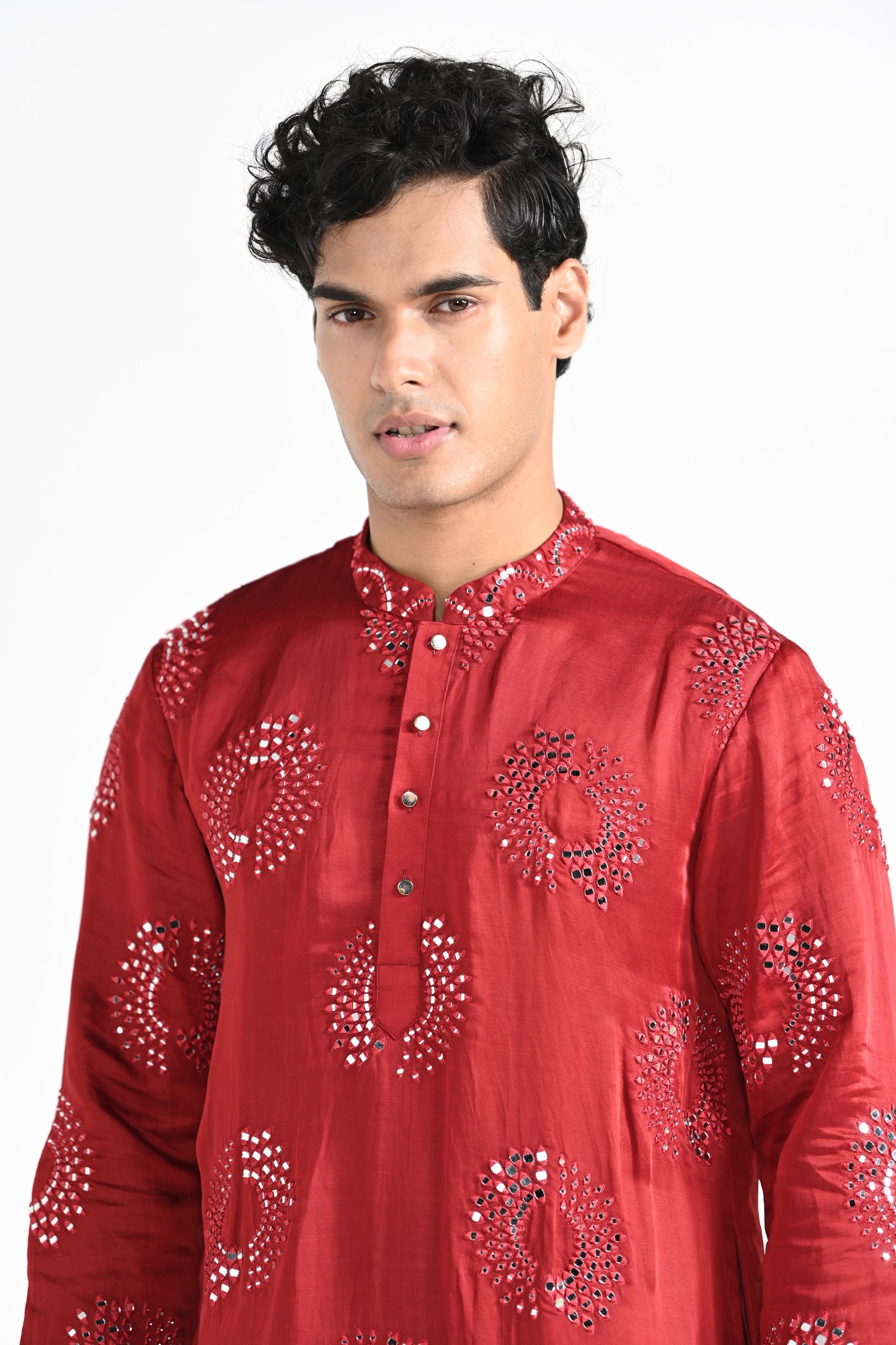 Tomato Red circular Mirror Work Kurta Set