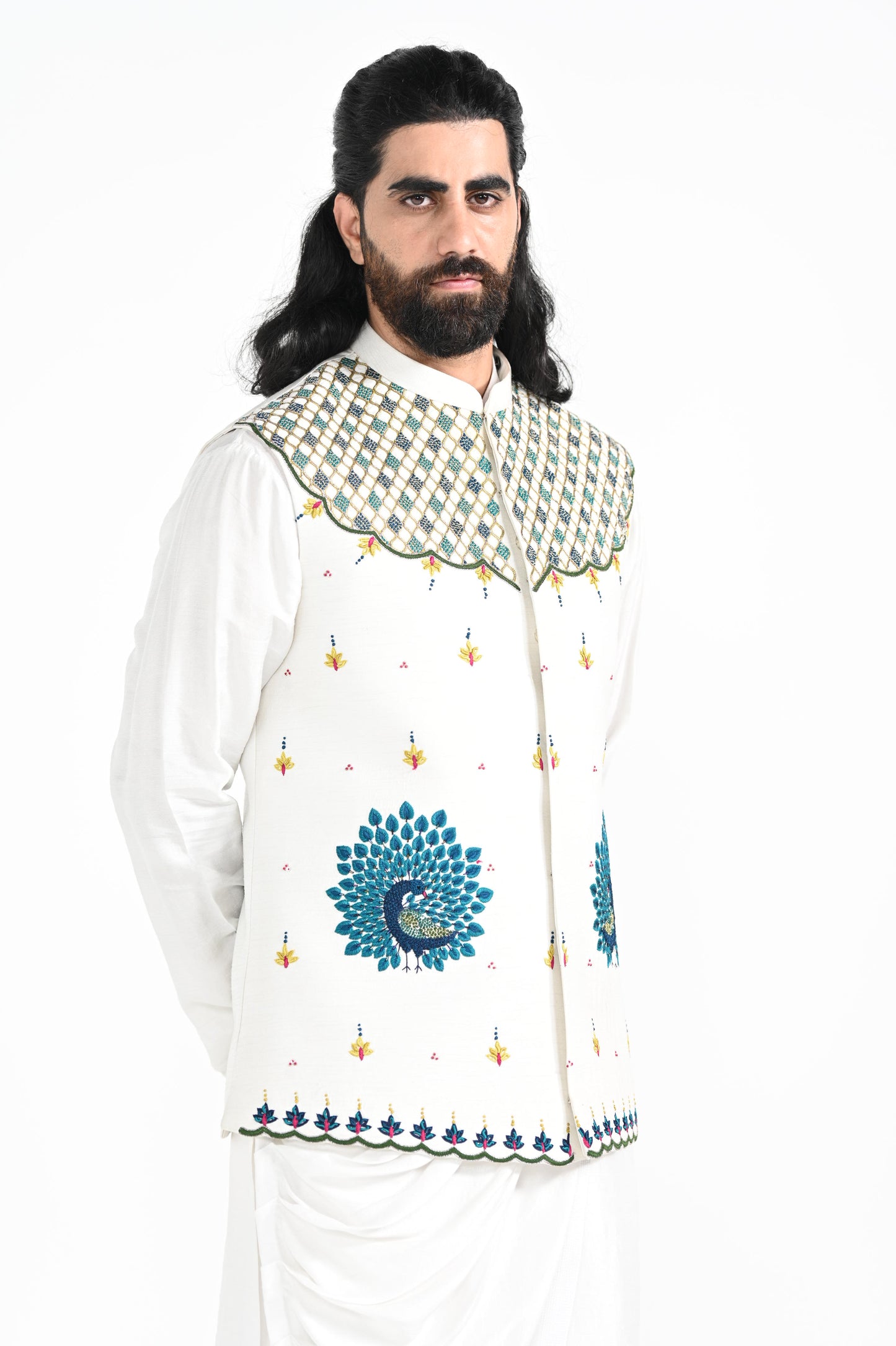 RAJASTHANI PEACOCK EMBROIDERED NEHRU JACKET SET