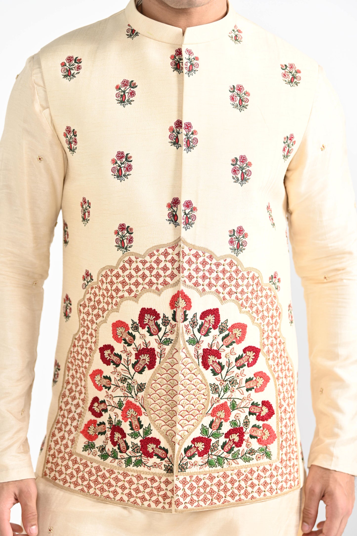 CREAM FLORAL NEHRU JACKET SET