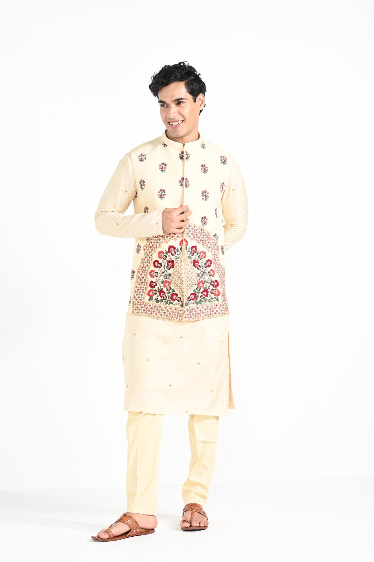 CREAM FLORAL NEHRU JACKET SET