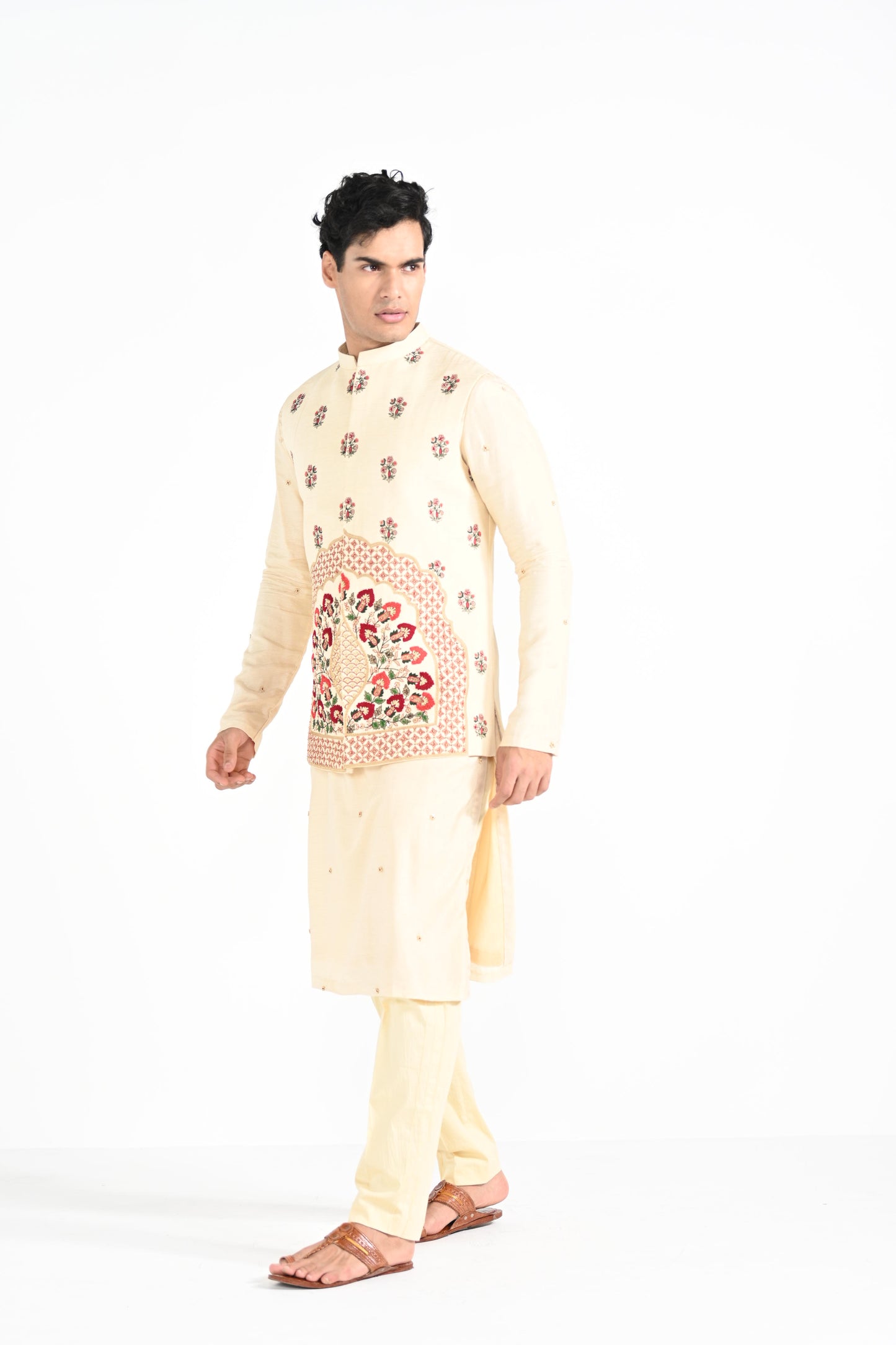 CREAM FLORAL NEHRU JACKET SET