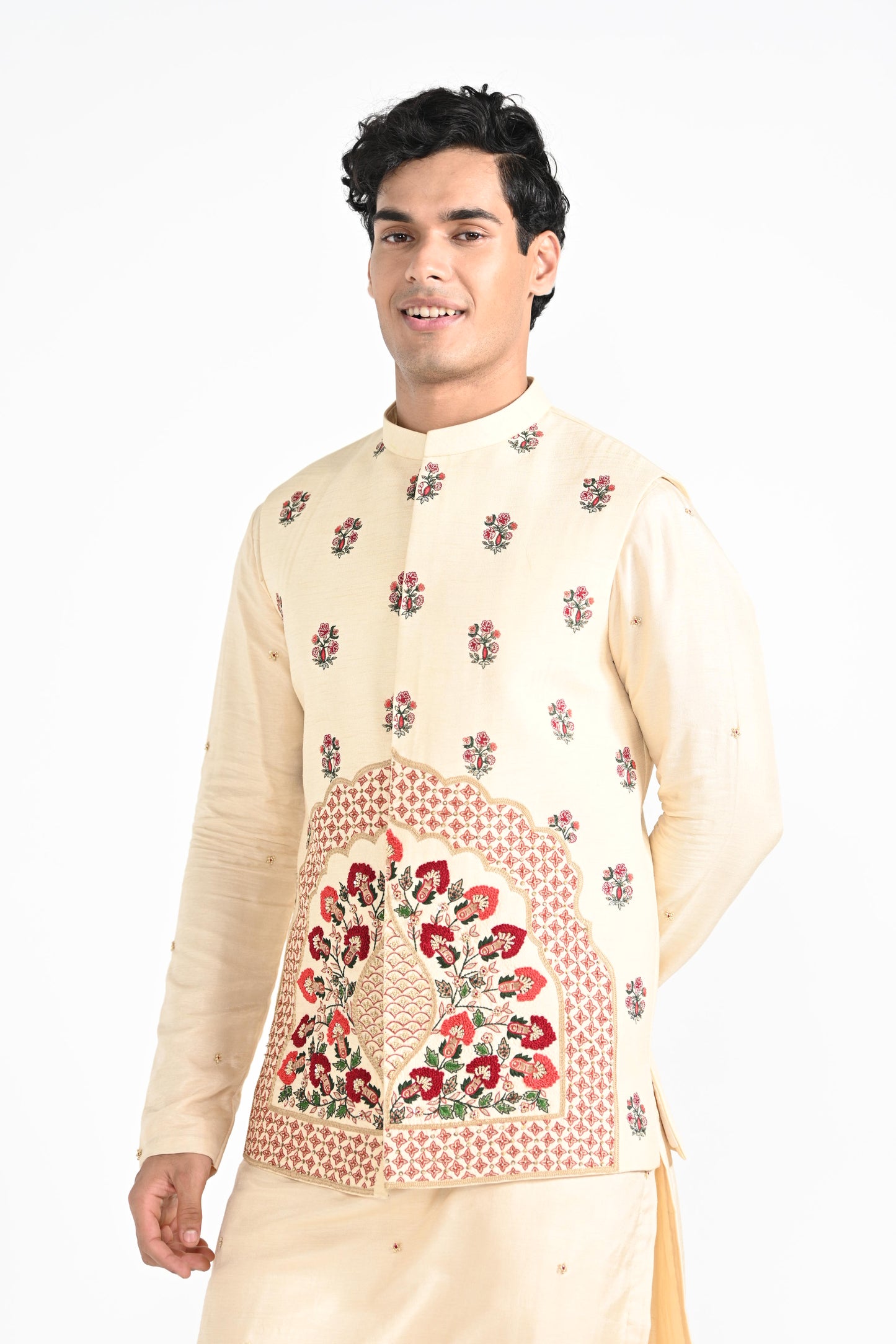 CREAM FLORAL NEHRU JACKET SET