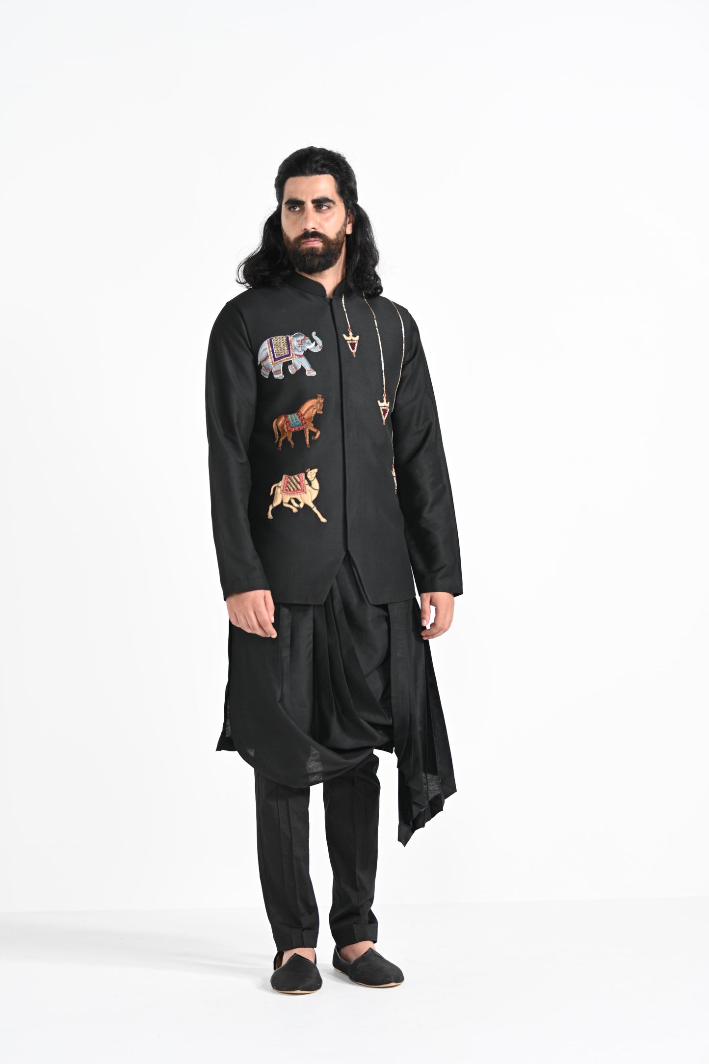 BLACK TROTTING ANIMALS NEHRU JACKET SET