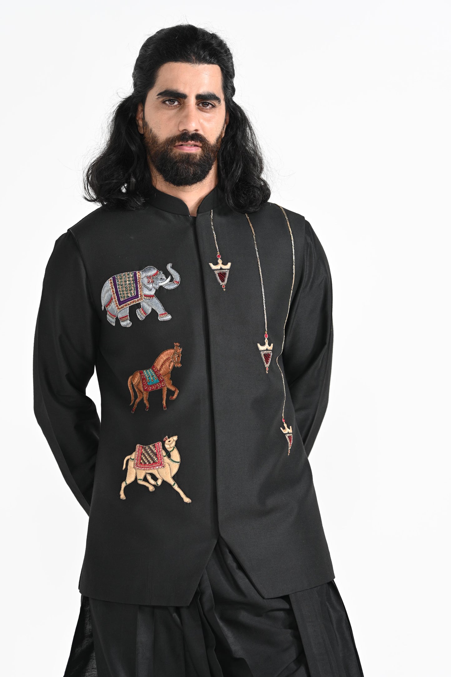 BLACK TROTTING ANIMALS NEHRU JACKET SET