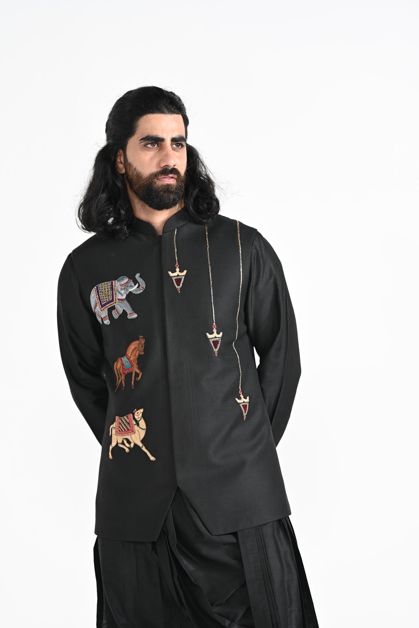 BLACK TROTTING ANIMALS NEHRU JACKET SET
