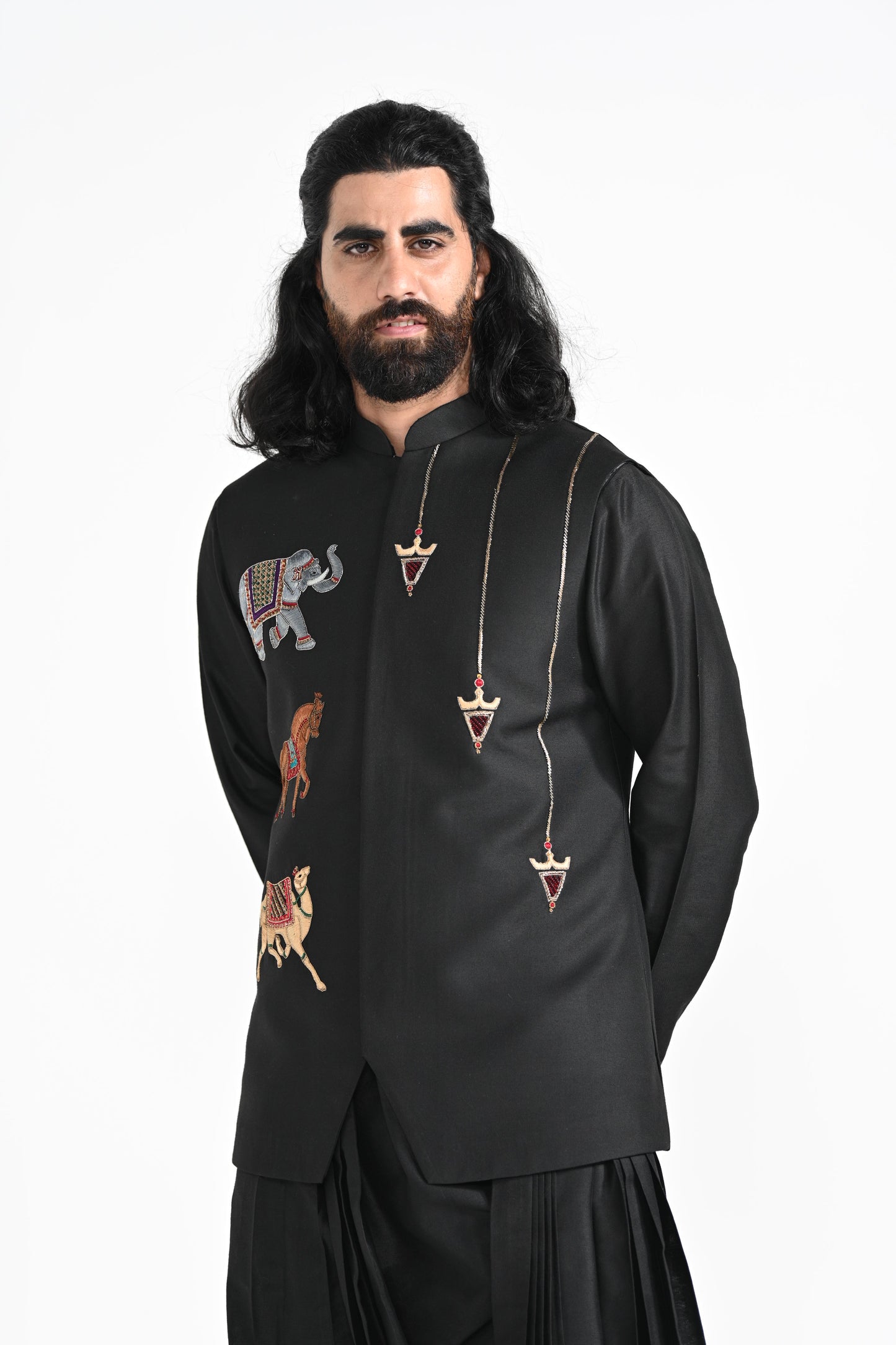 BLACK TROTTING ANIMALS NEHRU JACKET SET
