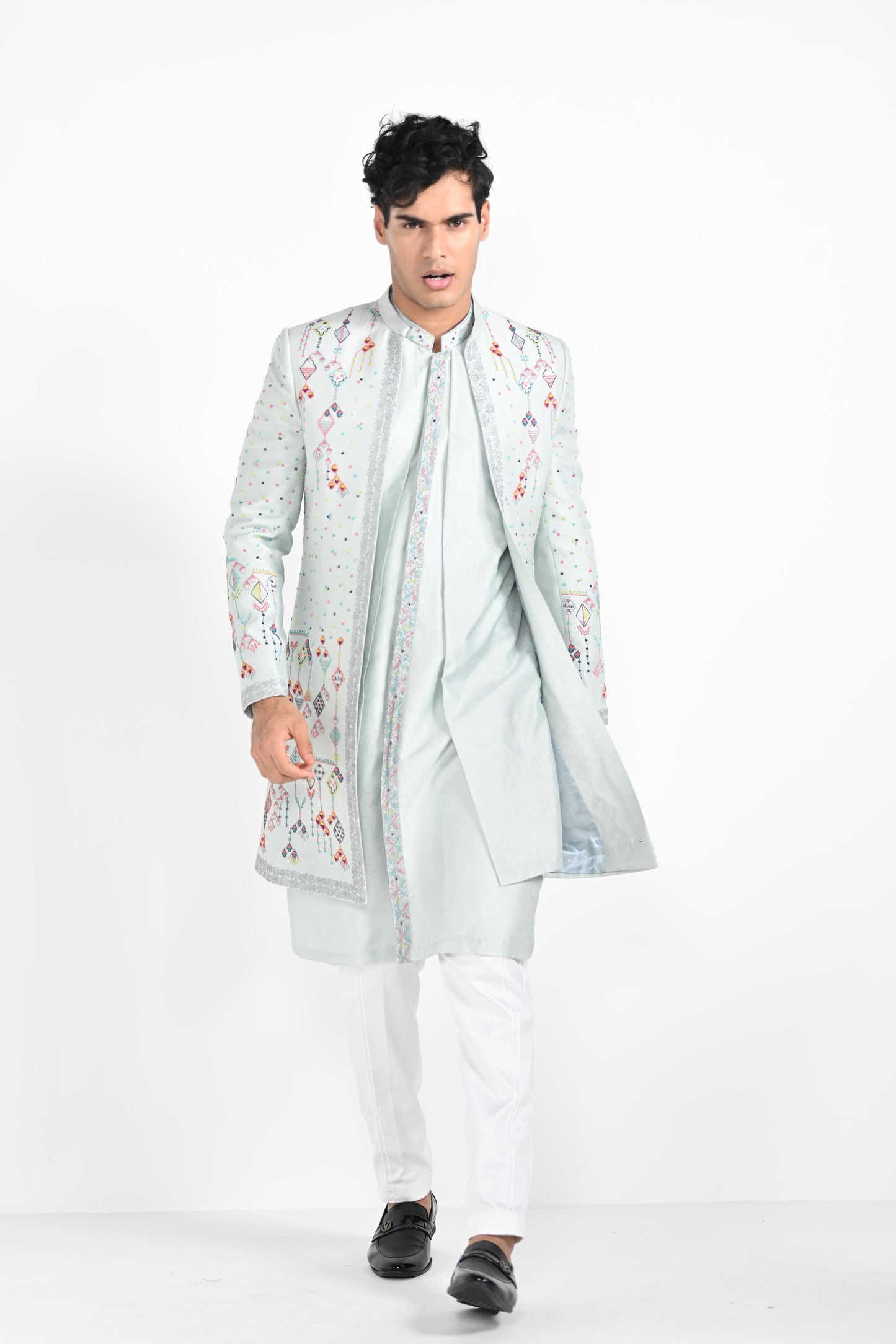 Ice Blue Multicoloured Geometric Motif Achkan Set