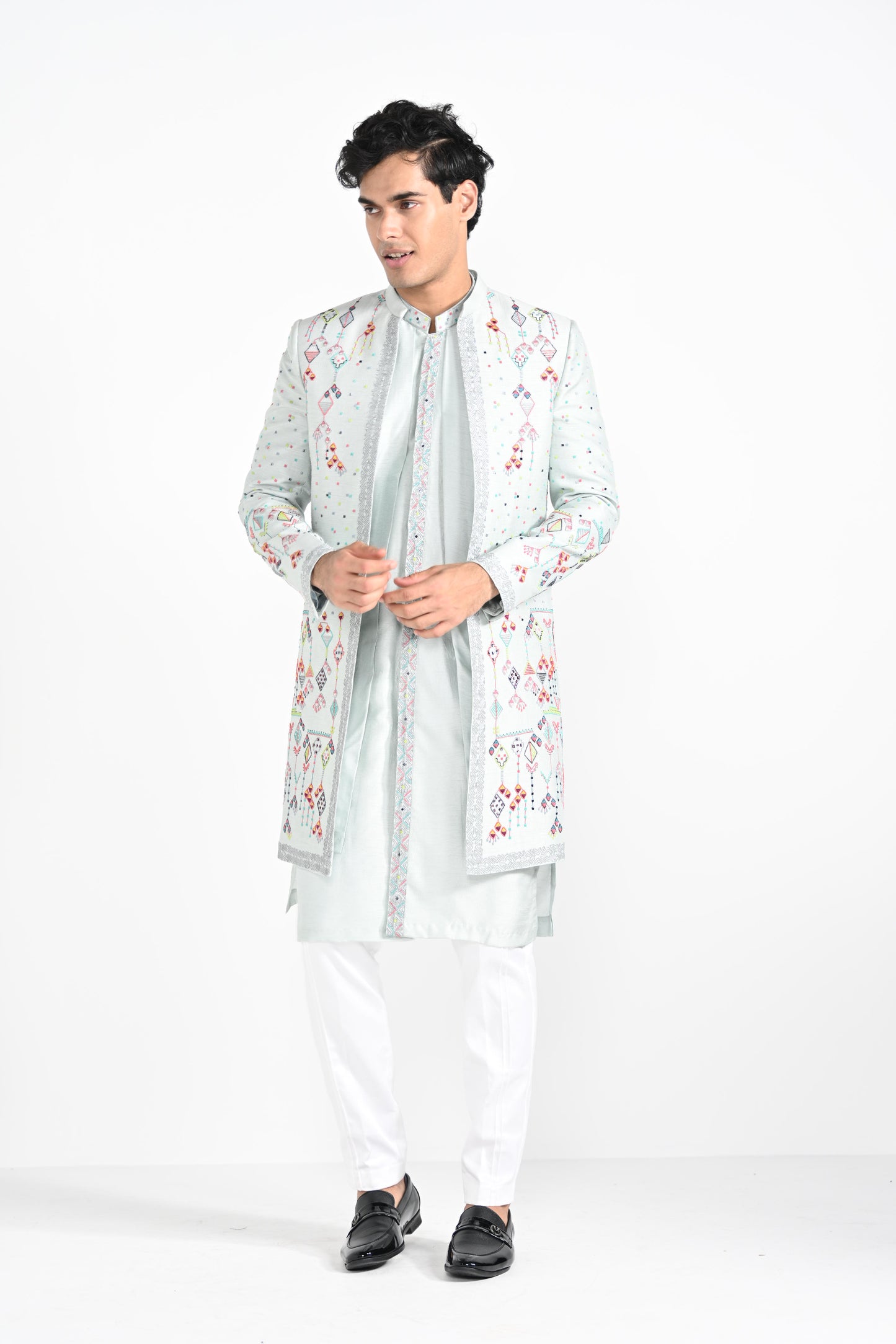 Ice Blue Multicoloured Geometric Motif Achkan Set
