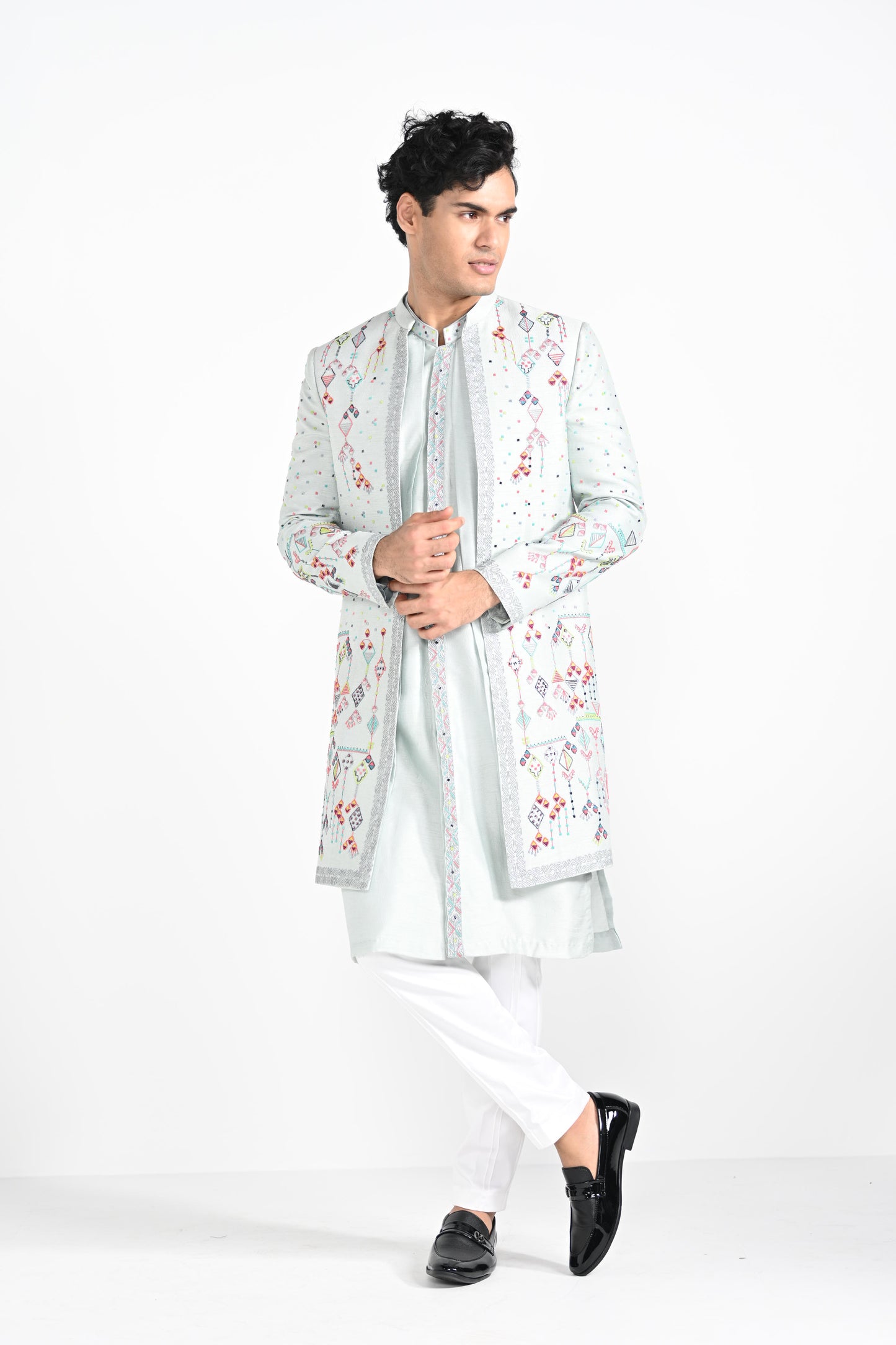 Ice Blue Multicoloured Geometric Motif Achkan Set
