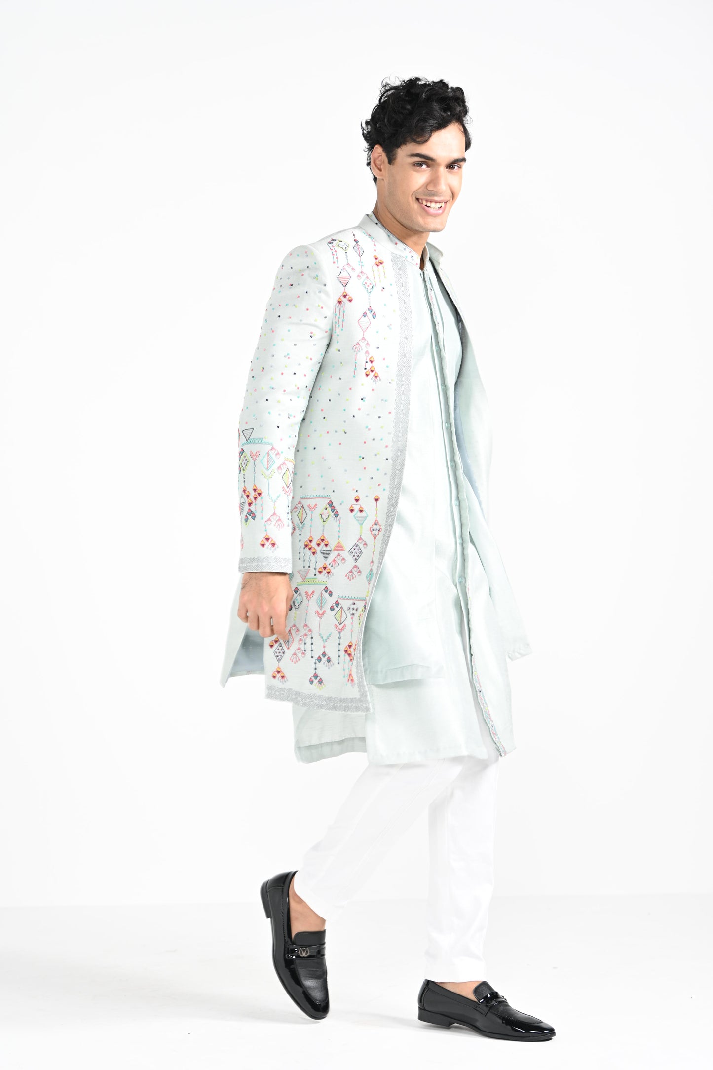 Ice Blue Multicoloured Geometric Motif Achkan Set
