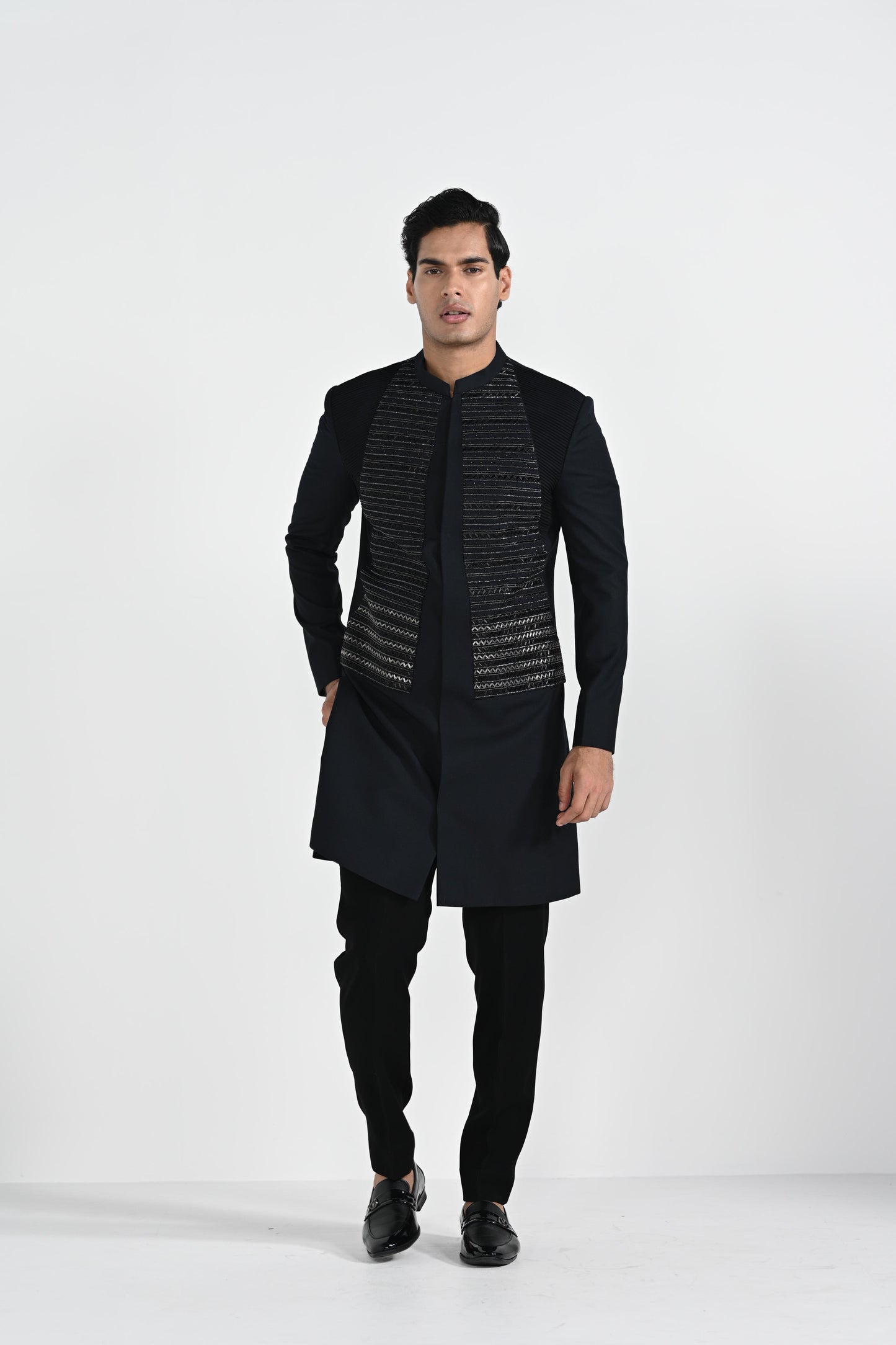 Dark Sapphire Geometric Panel Achkan Set