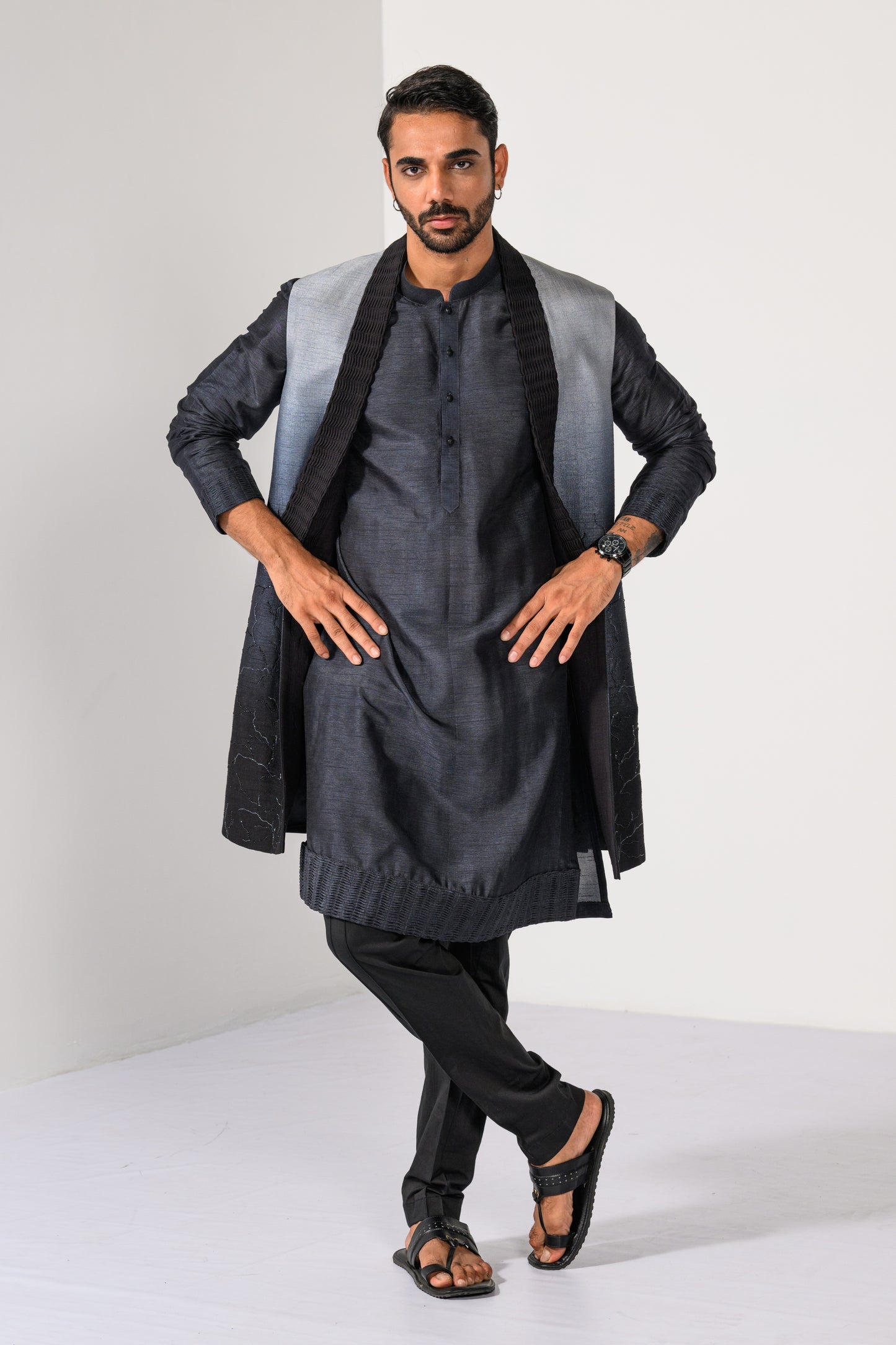 CHARCOAL OMBRE NEHRU KURTA  SET