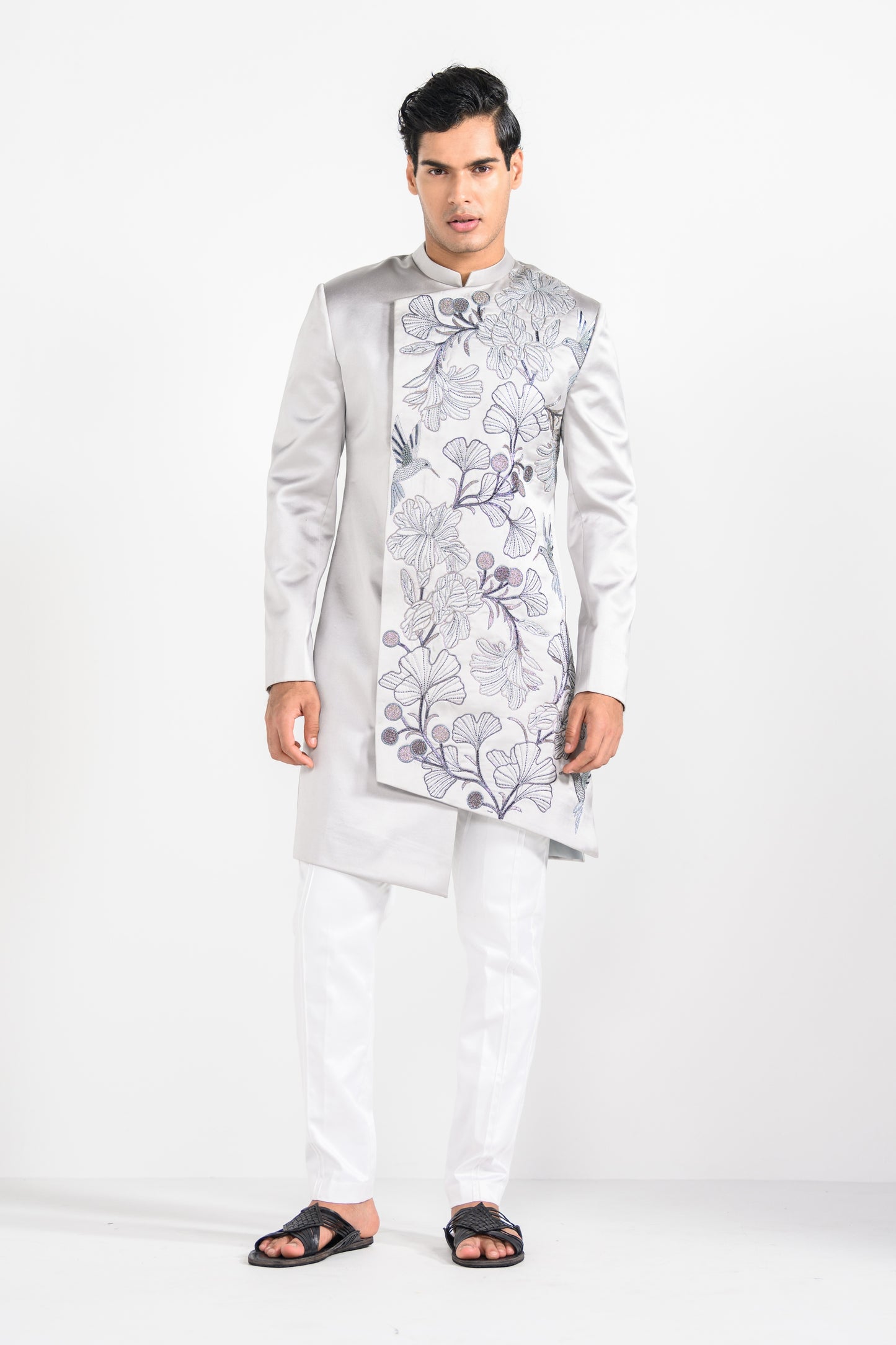 Barely Grey Satin Achkan Set