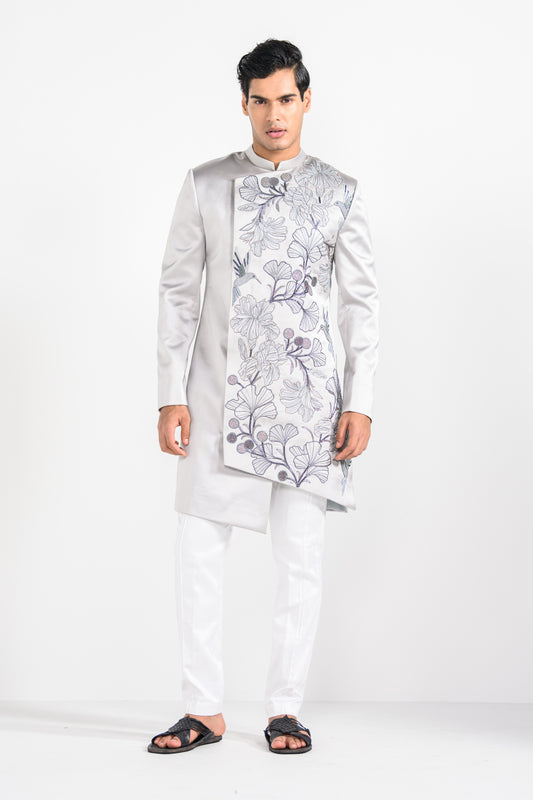 Barely Grey Satin Achkan Set