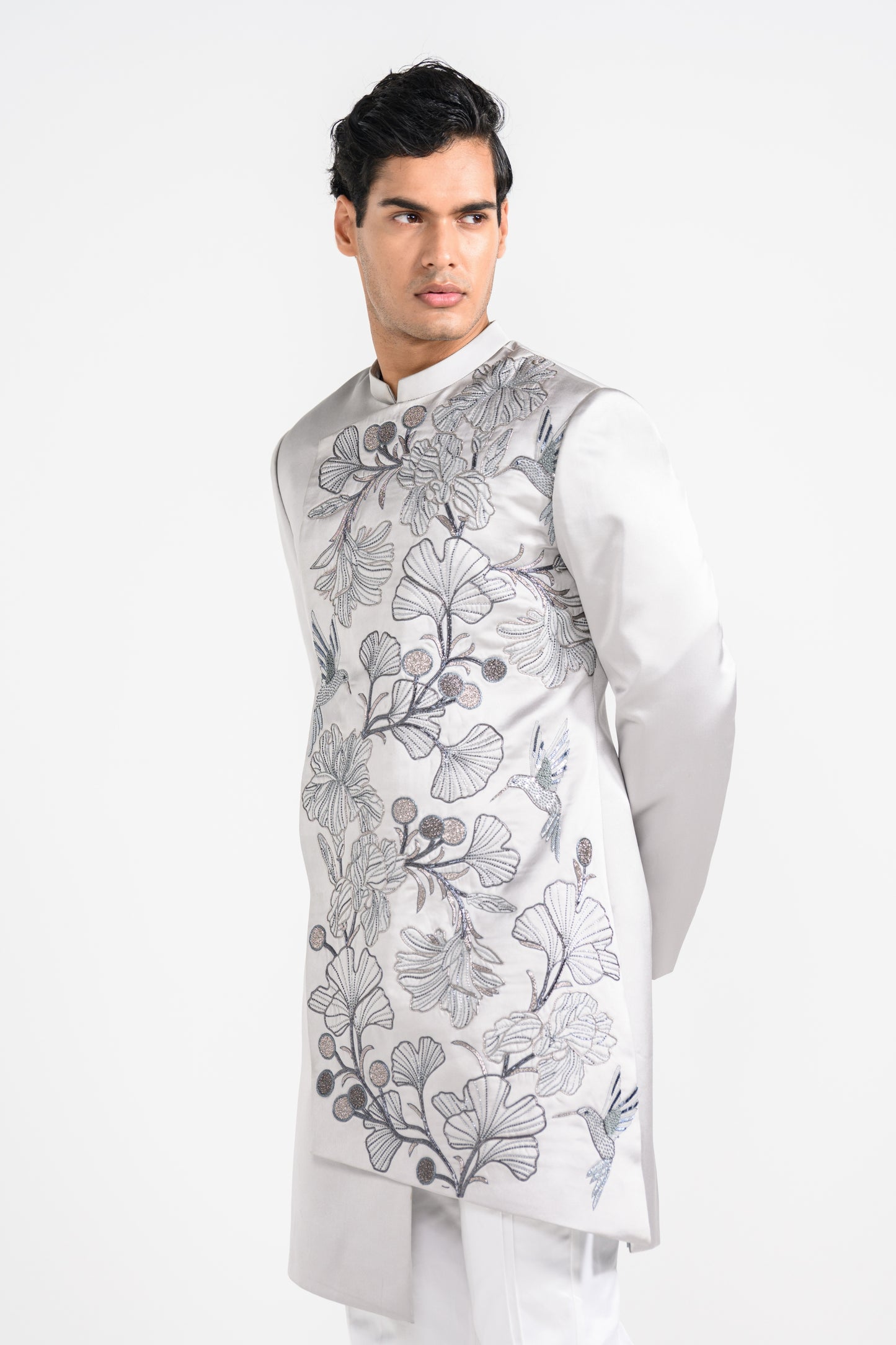 Barely Grey Satin Achkan Set