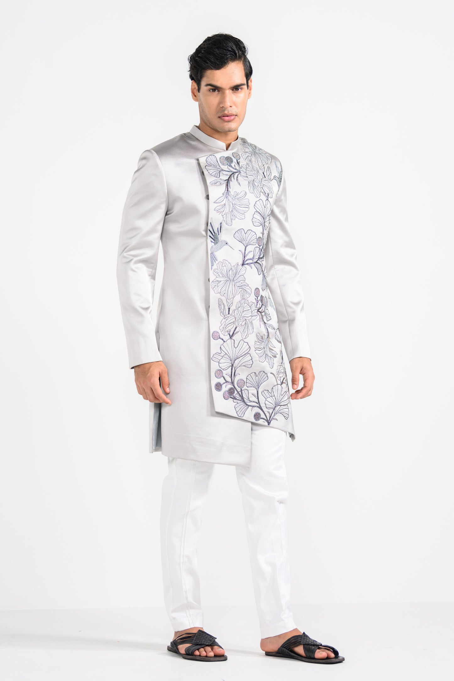 Barely Grey Satin Achkan Set