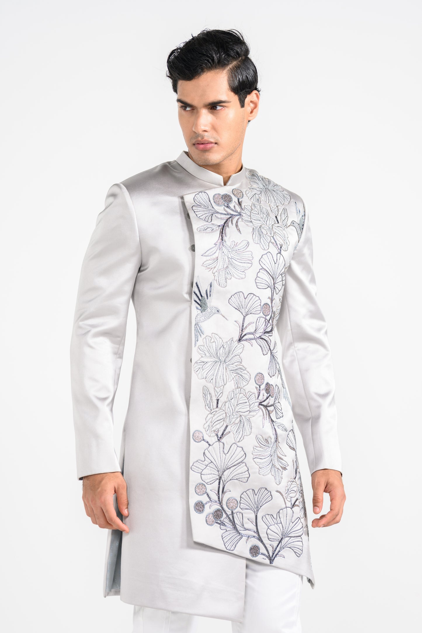 Barely Grey Satin Achkan Set