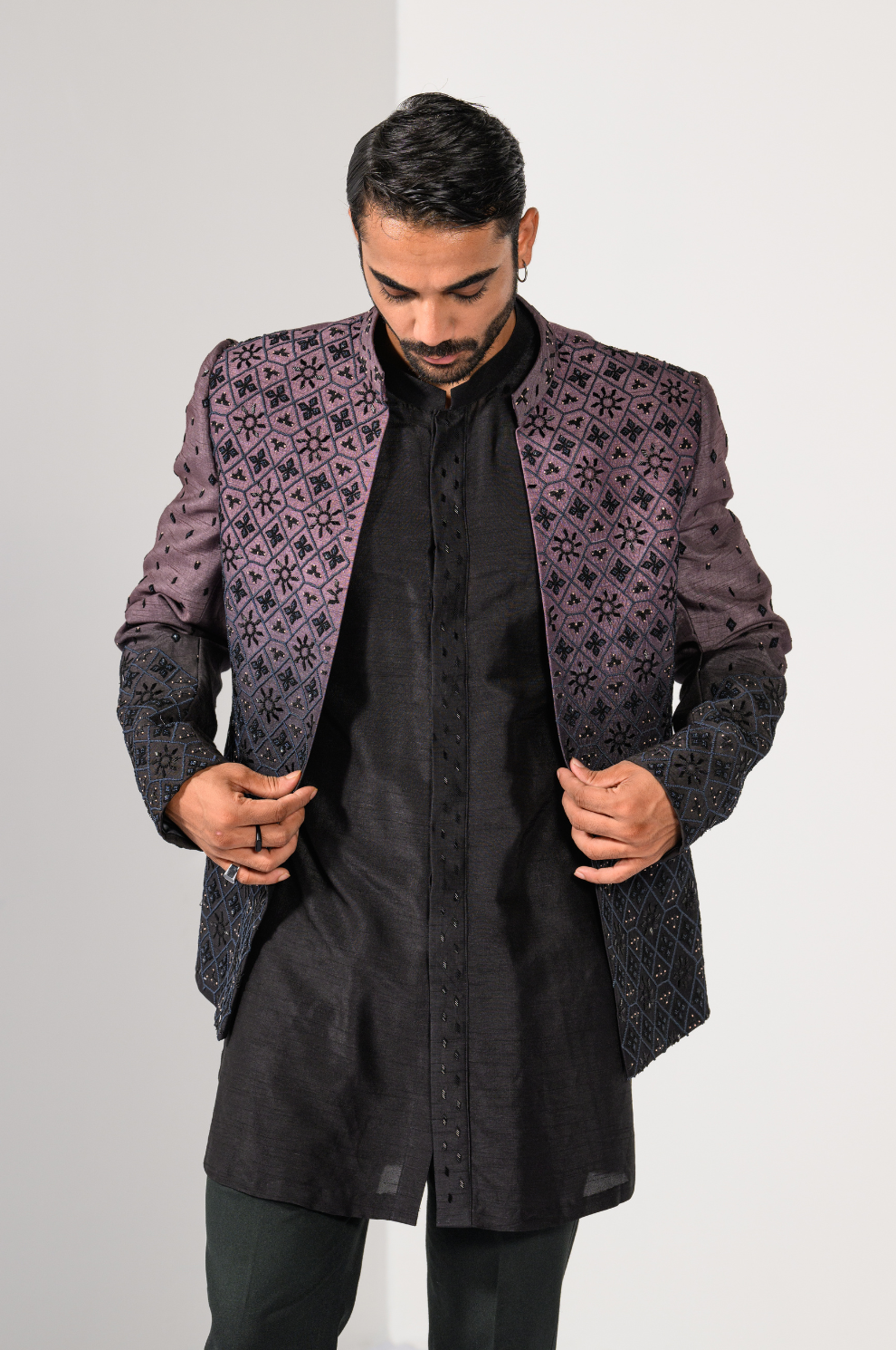 MIDNIGHT MAUVE OMBRE BANDHGALA SET