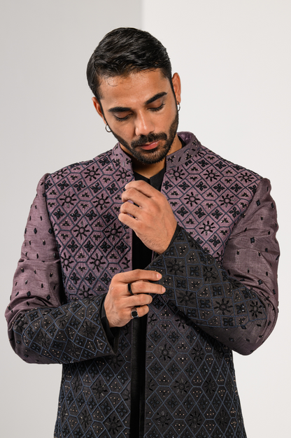 MIDNIGHT MAUVE OMBRE BANDHGALA SET