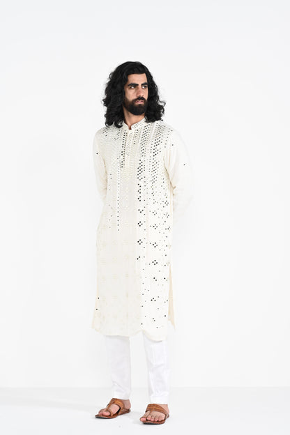 Ivory mirror work kurta set