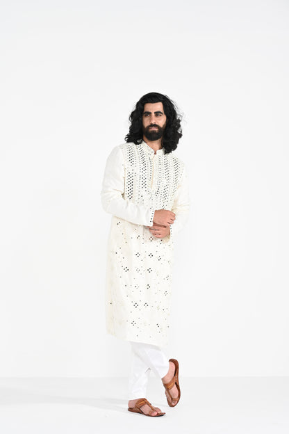 Ivory mirror work kurta set