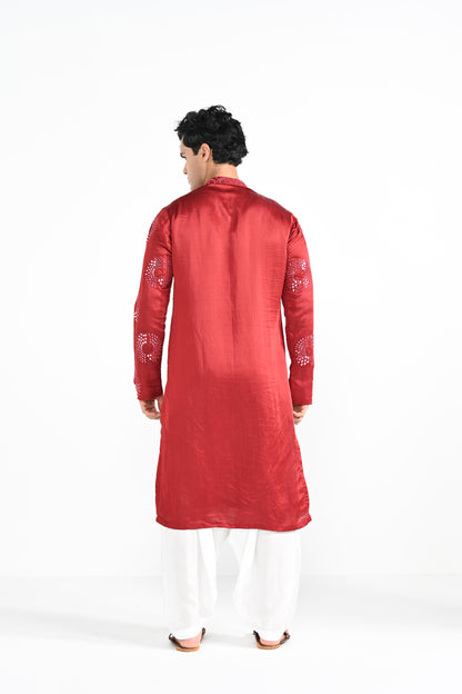 Tomato Red circular Mirror Work Kurta Set