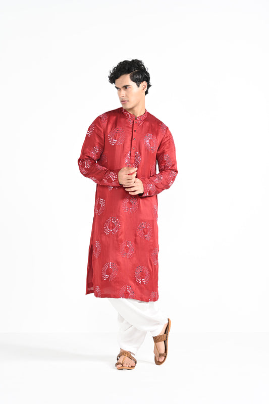 Tomato Red circular Mirror Work Kurta Set