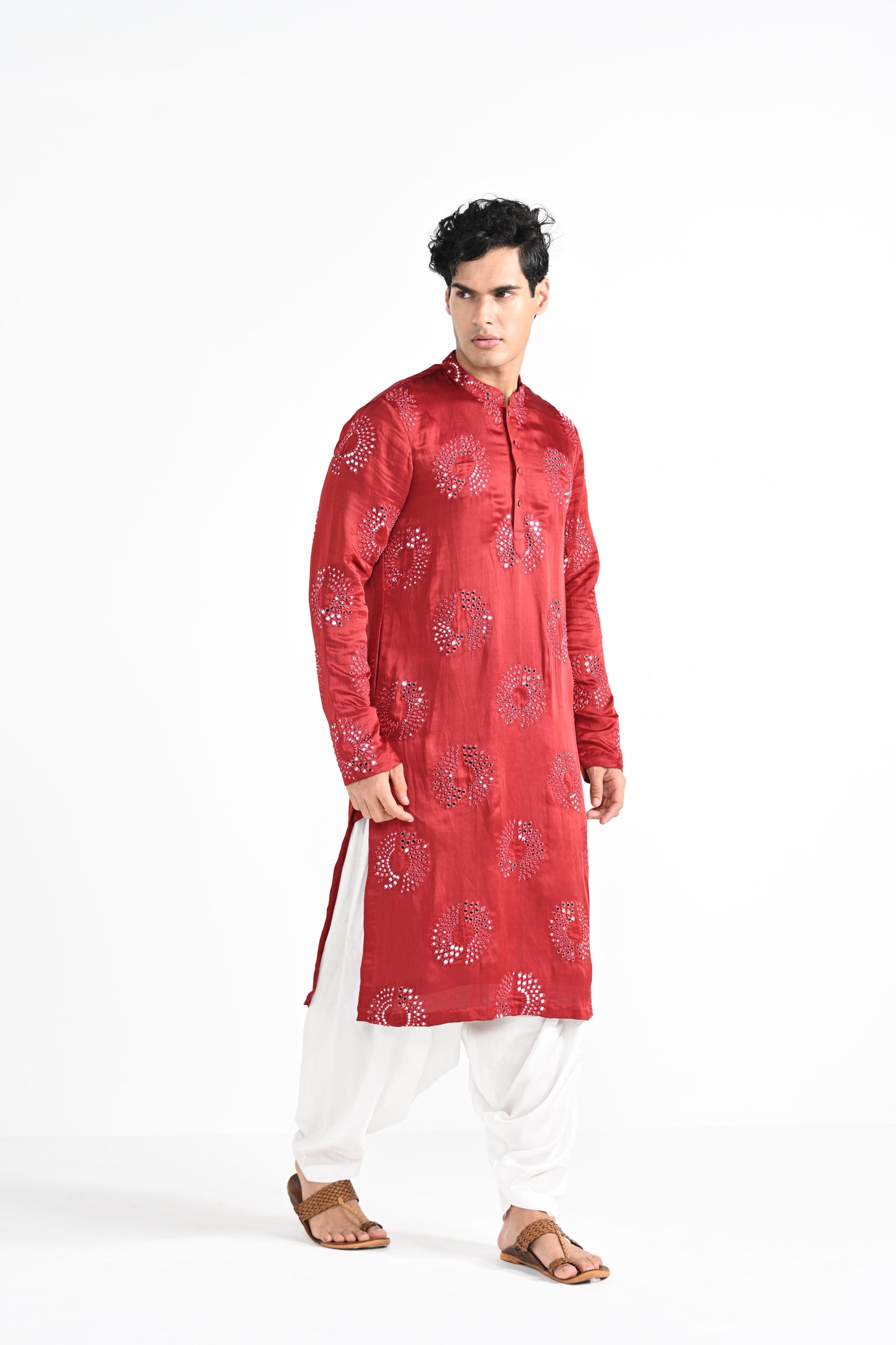 Tomato Red circular Mirror Work Kurta Set