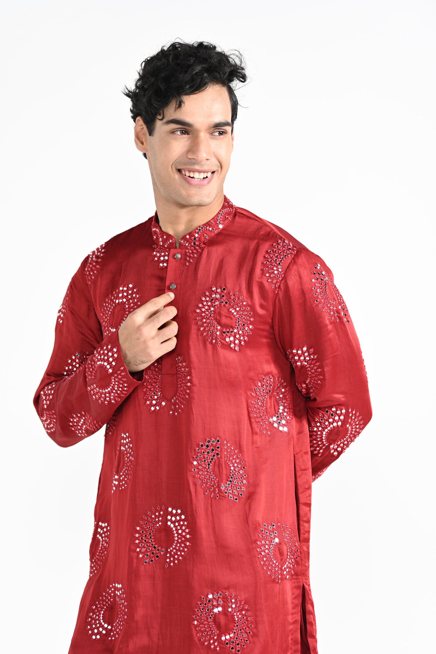 Tomato Red circular Mirror Work Kurta Set