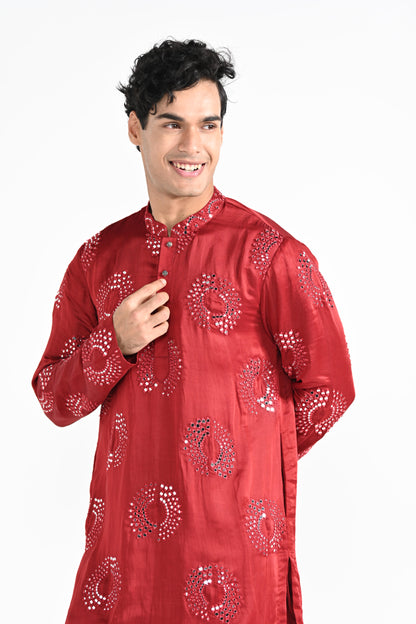 Tomato Red circular Mirror Work Kurta Set