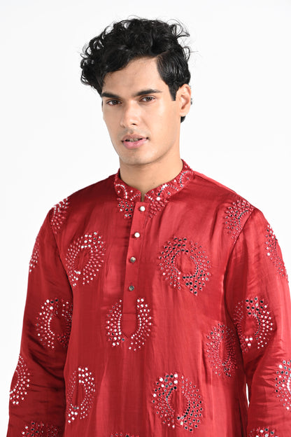 Tomato Red circular Mirror Work Kurta Set