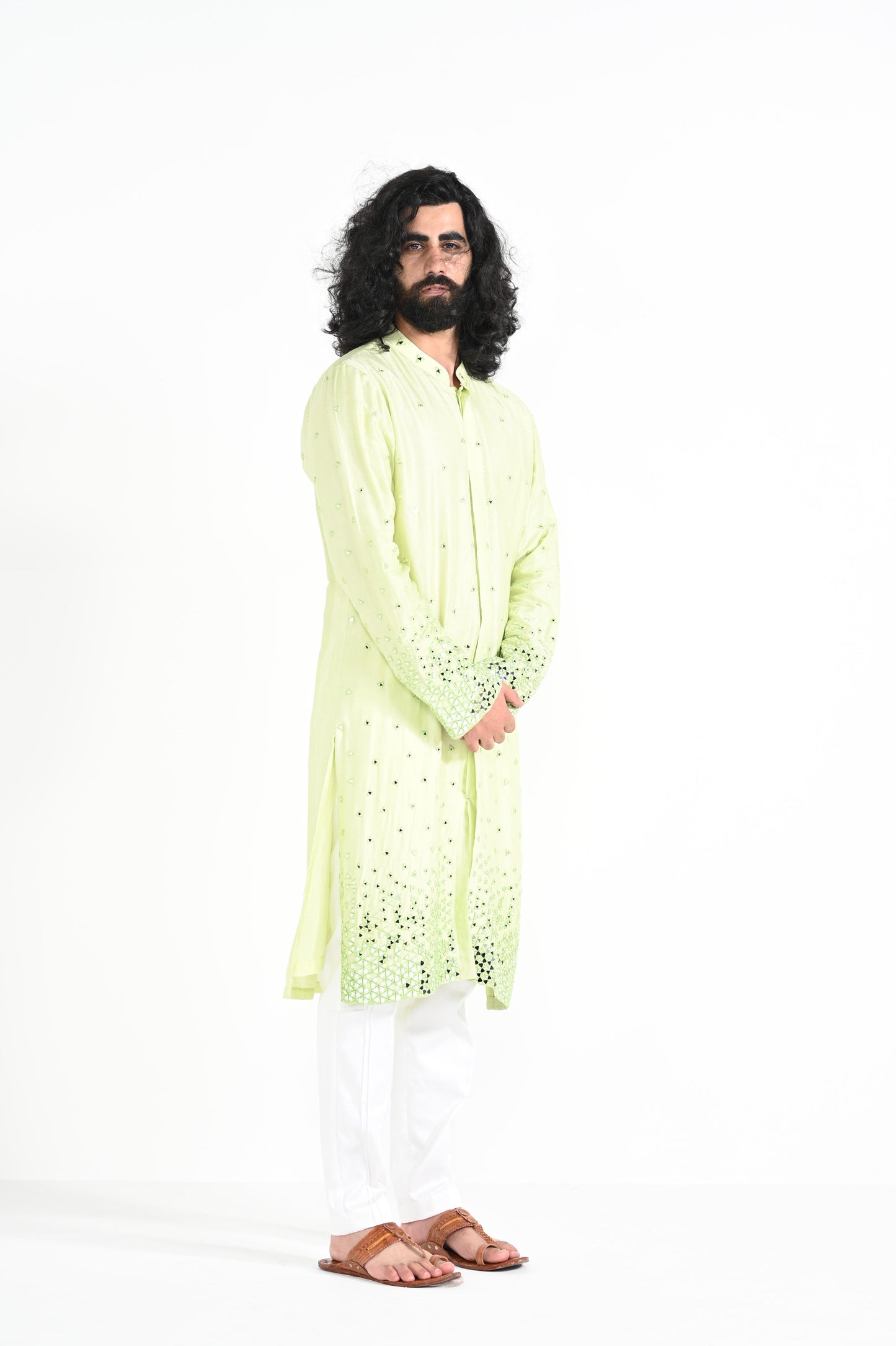 Lime Green Mirror Work Kurta Set