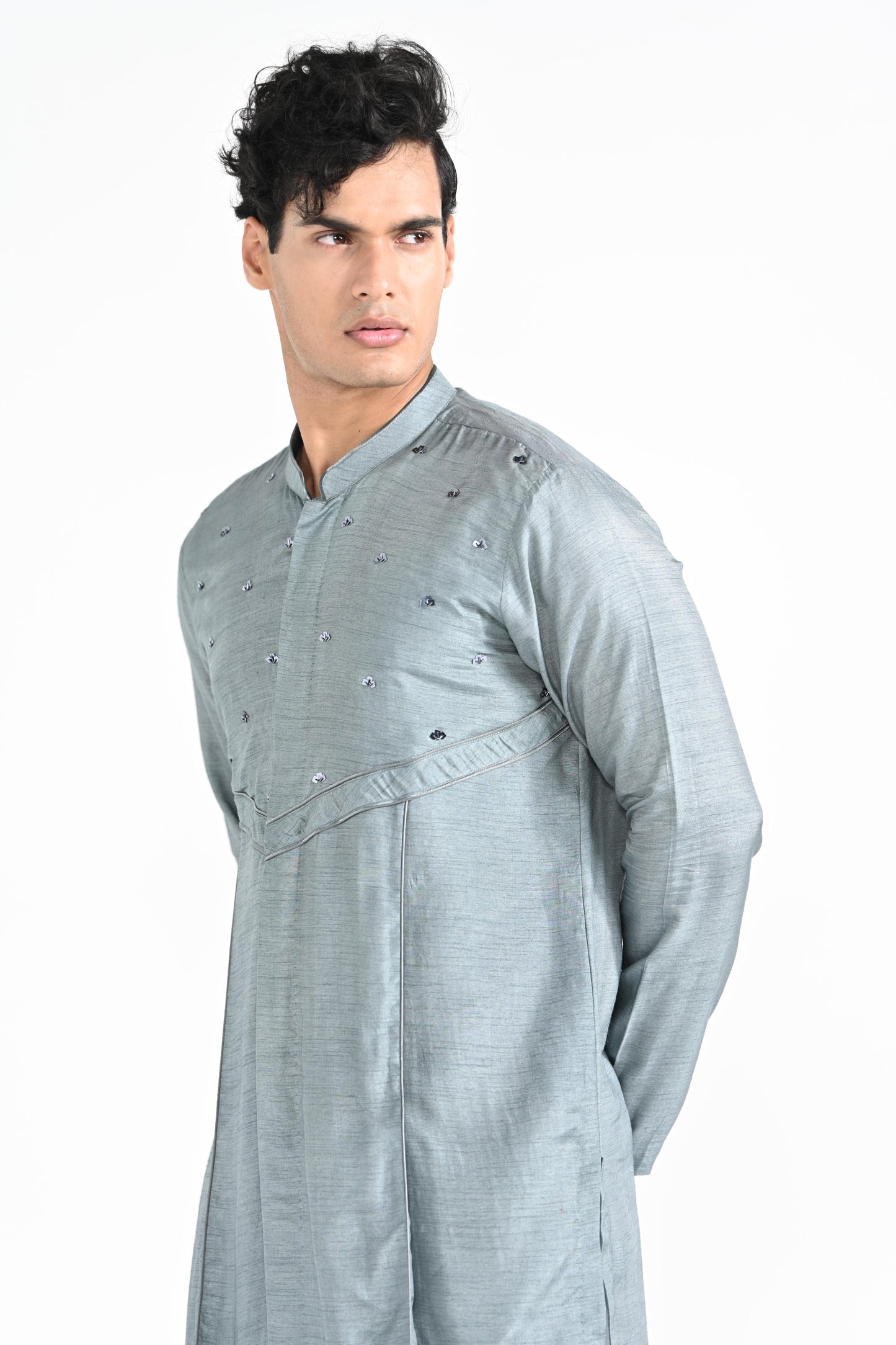 Slate Grey Hand Emboidered work kurta set