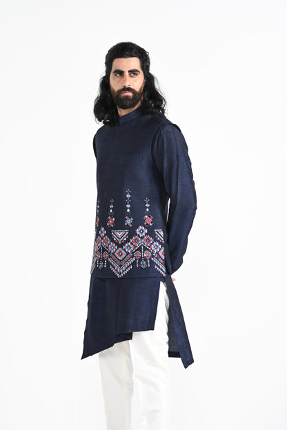 NAVY BLUE PHULKARI NEHRU JACKET SET