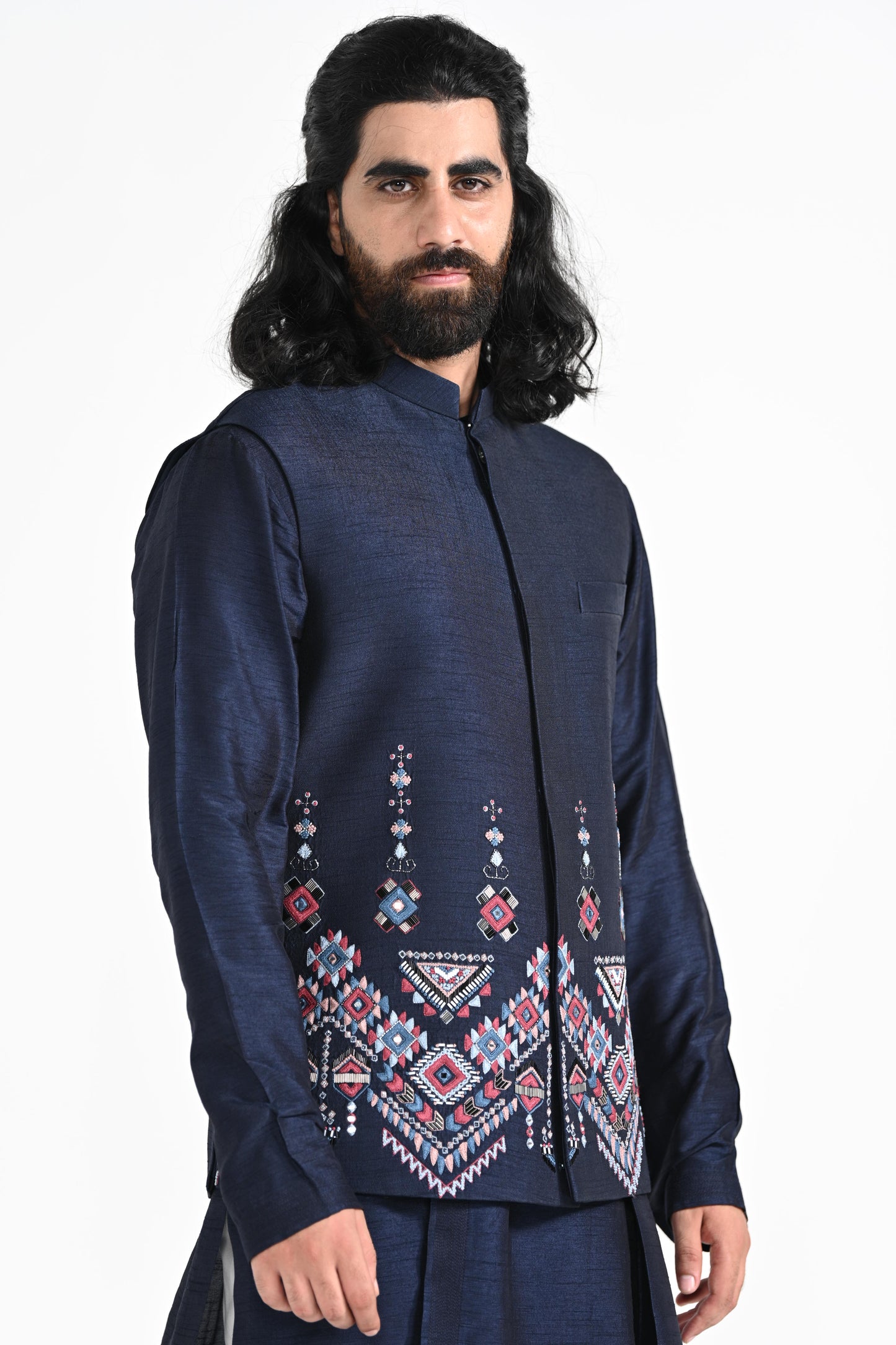 NAVY BLUE PHULKARI NEHRU JACKET SET