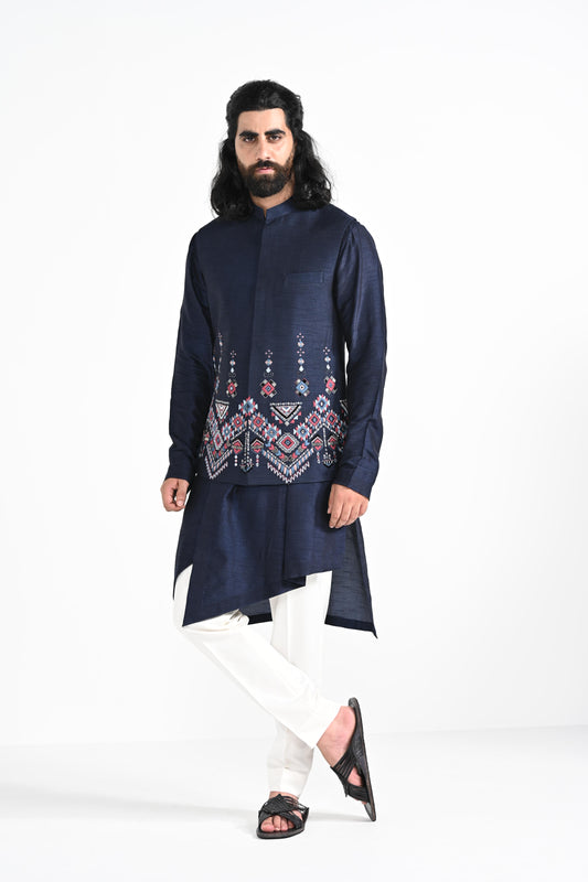 NAVY BLUE PHULKARI NEHRU JACKET SET