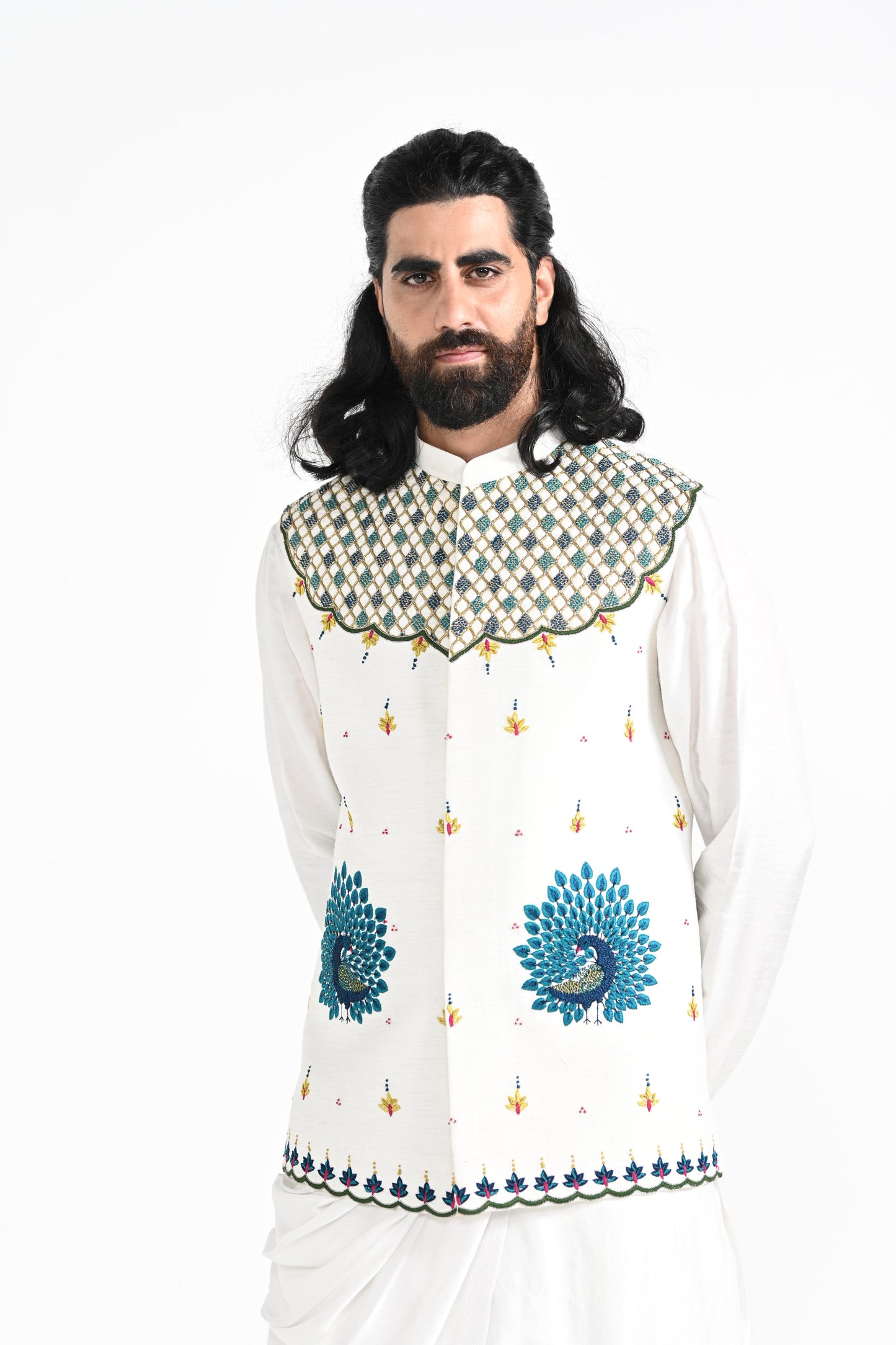 RAJASTHANI PEACOCK EMBROIDERED  NEHRU JACKET  SET