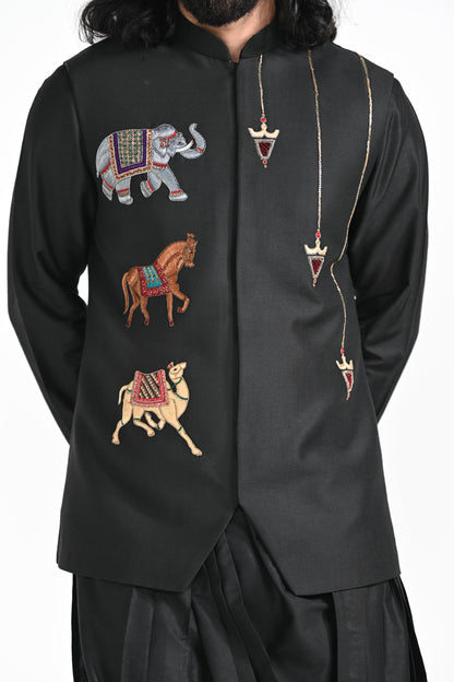 BLACK TROTTING ANIMALS  NEHRU JACKET SET