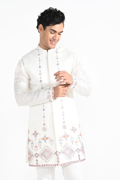 IVORY PHULKARI NEHRU  JACKET SET