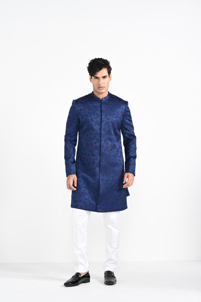 Royal Blue french knot achkan Set