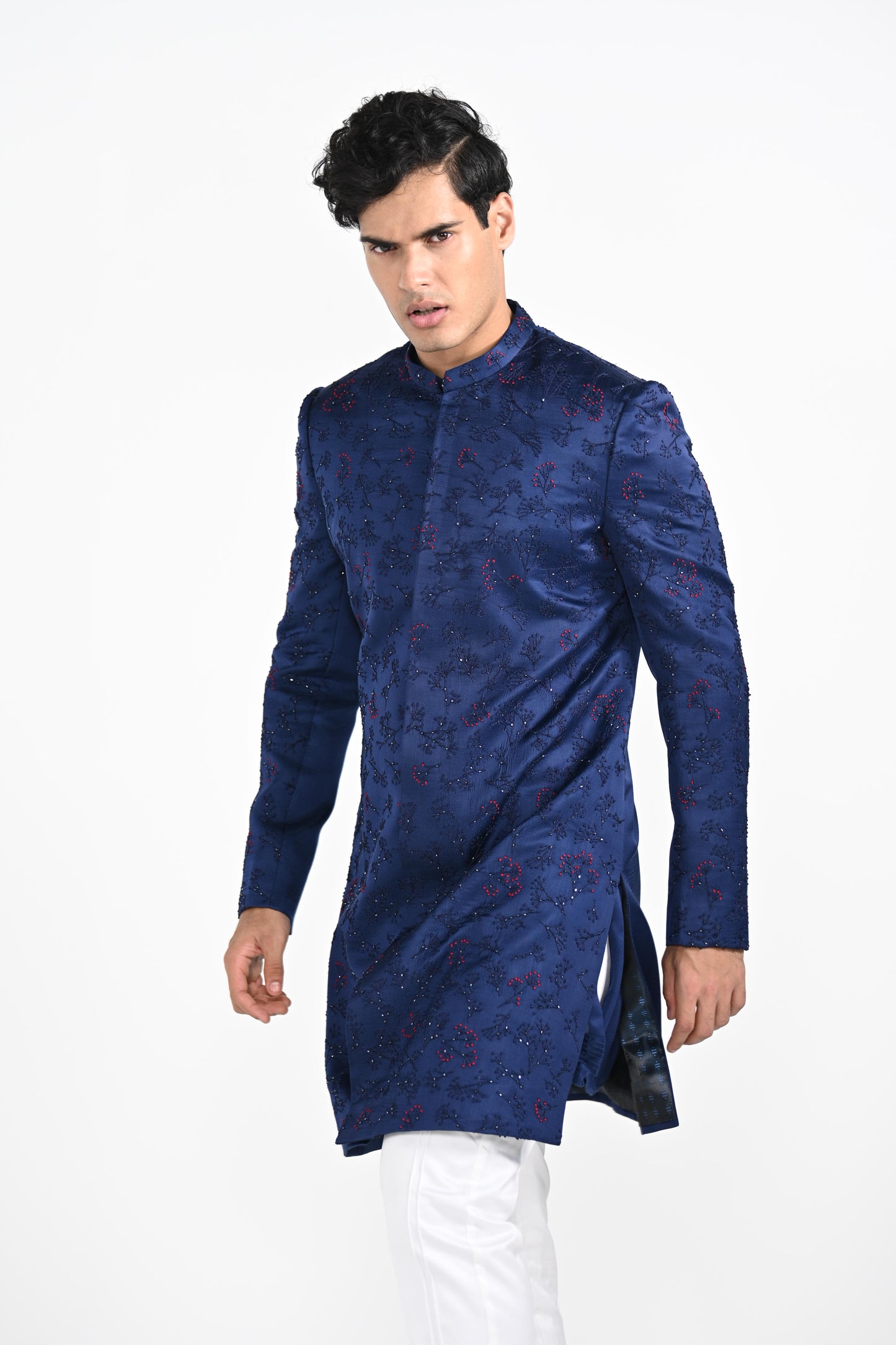 Royal Blue french knot achkan Set