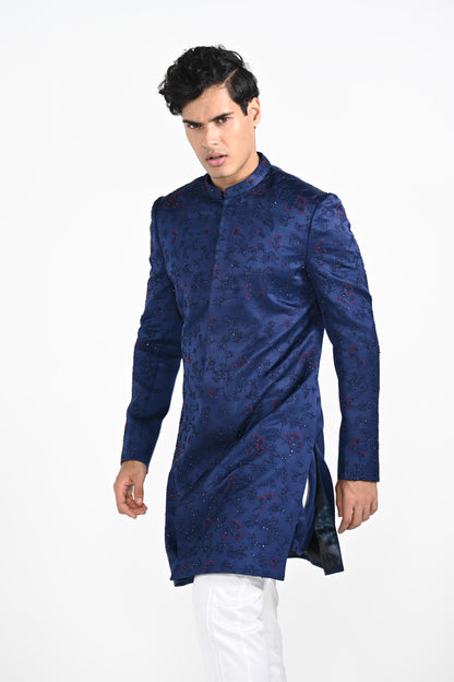 Royal Blue french knot achkan Set