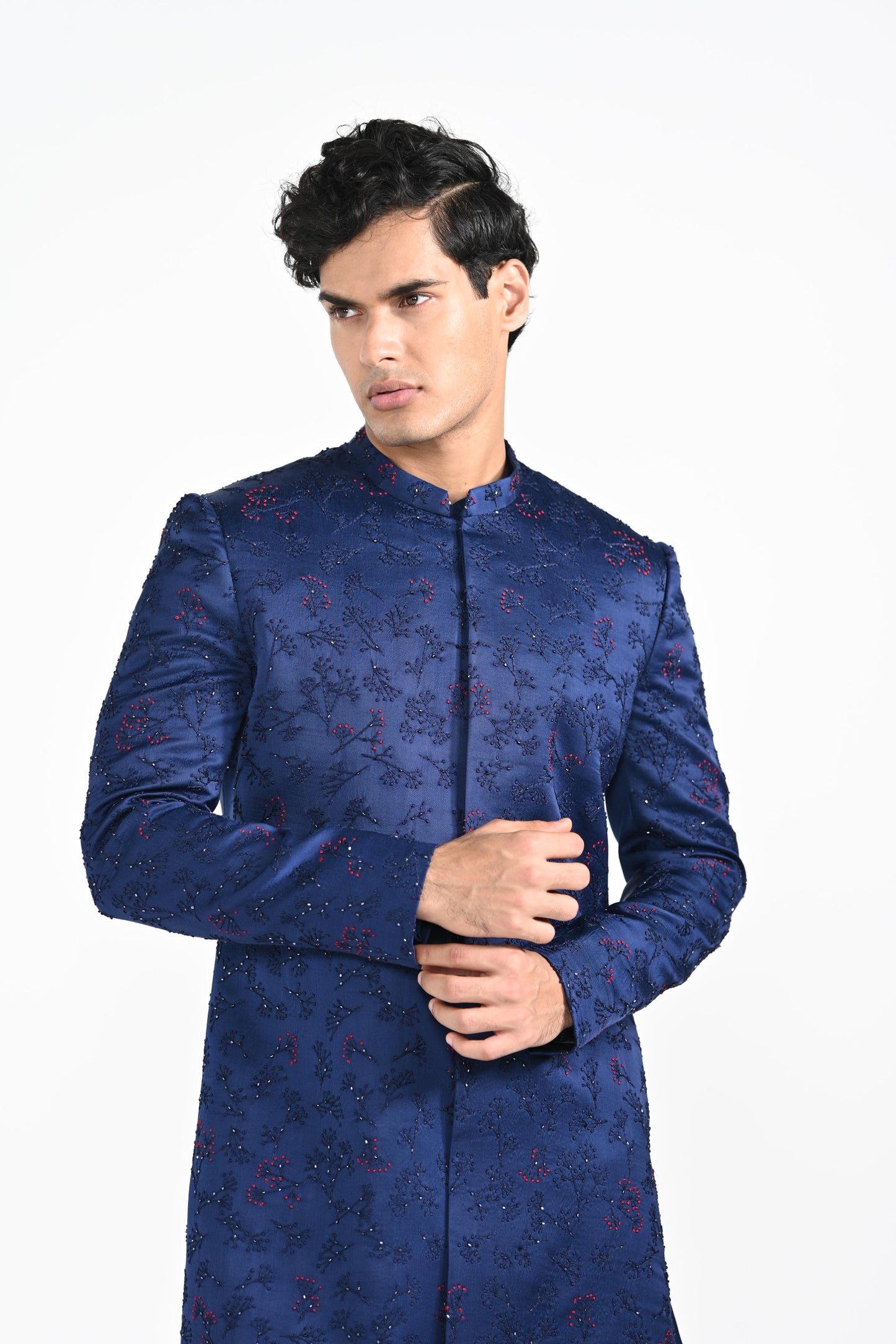 Royal Blue french knot achkan Set