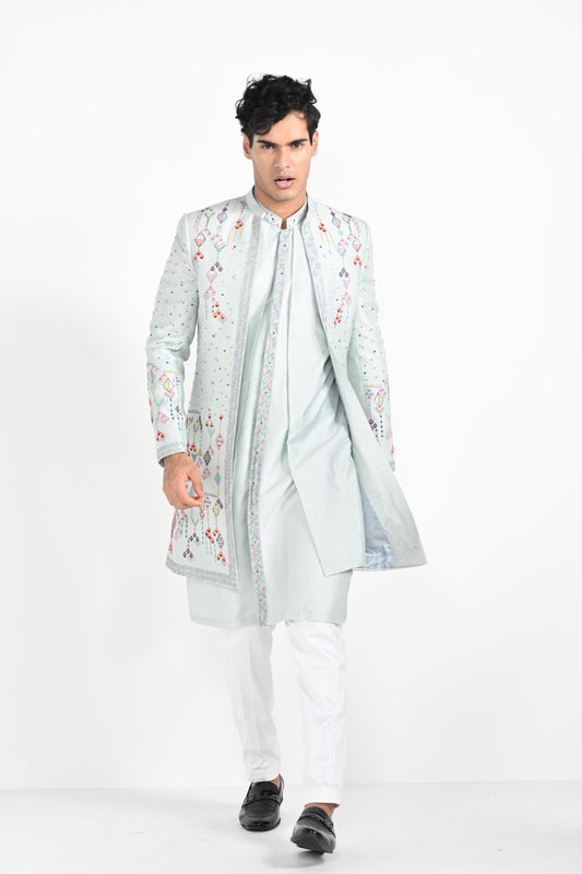 Ice Blue Multicoloured Geometric Motif Achkan  Set