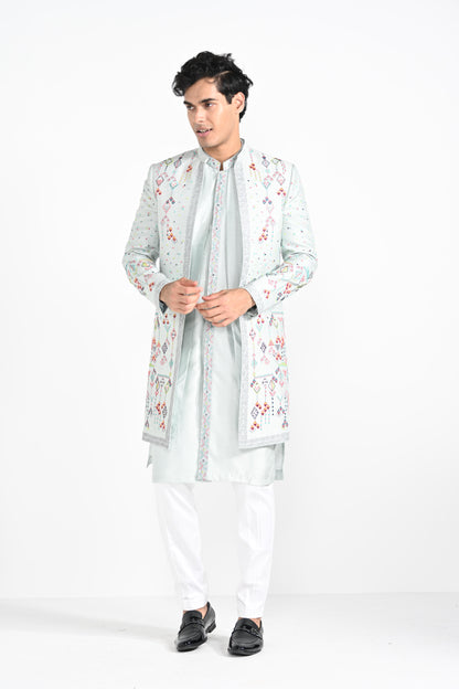 Ice Blue Multicoloured Geometric Motif Achkan  Set