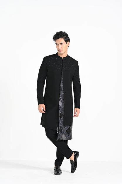 Black Panelled Achkan Set