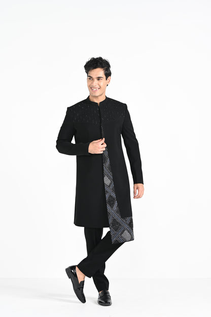 Black Panelled Achkan Set