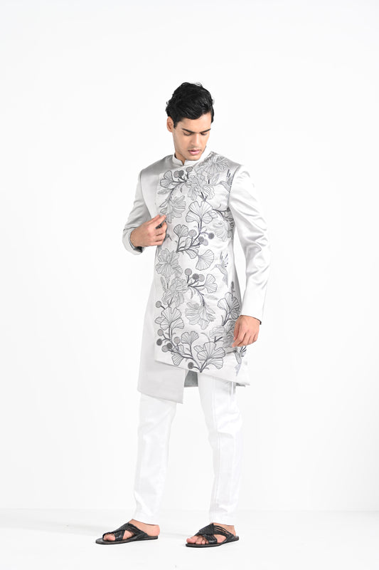 Barely Grey Satin Achkan Set