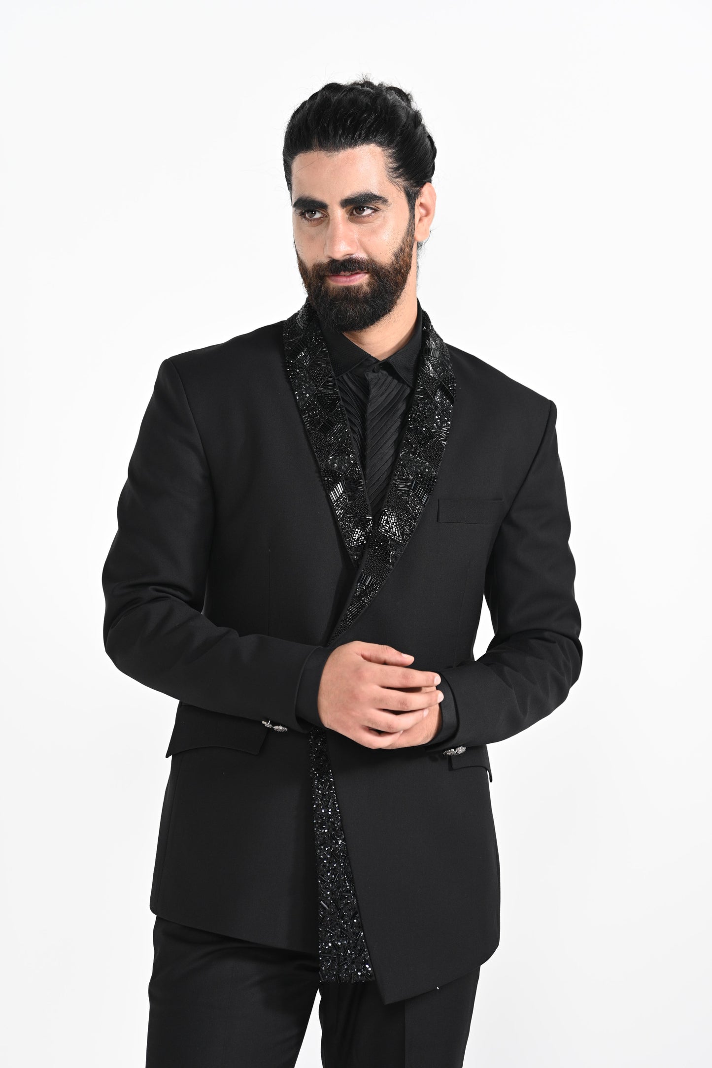 BLACK ASSYMETRICAL PANEL TUXEDO SET