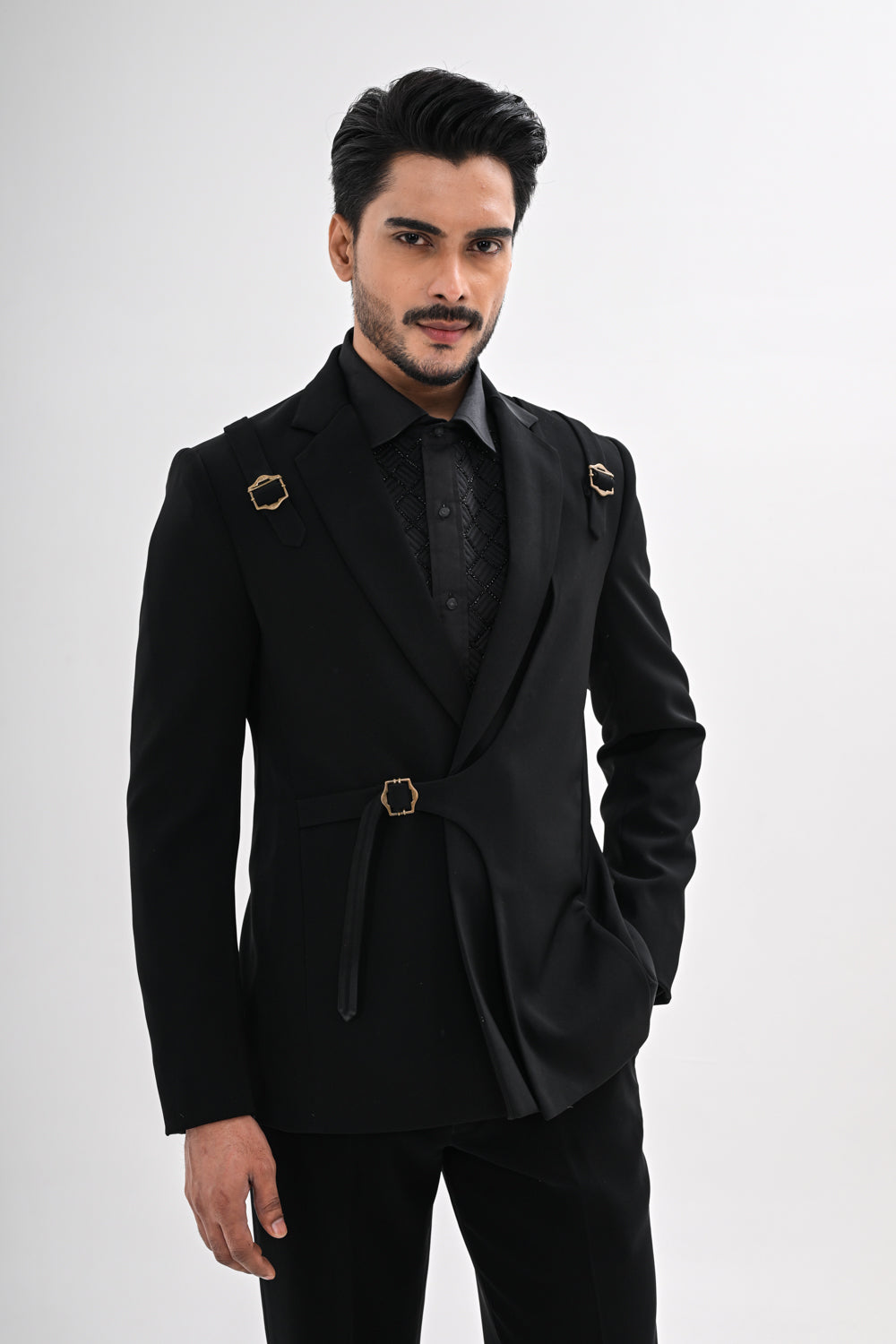 BLACK OVERLAPPING TUXEDO SET